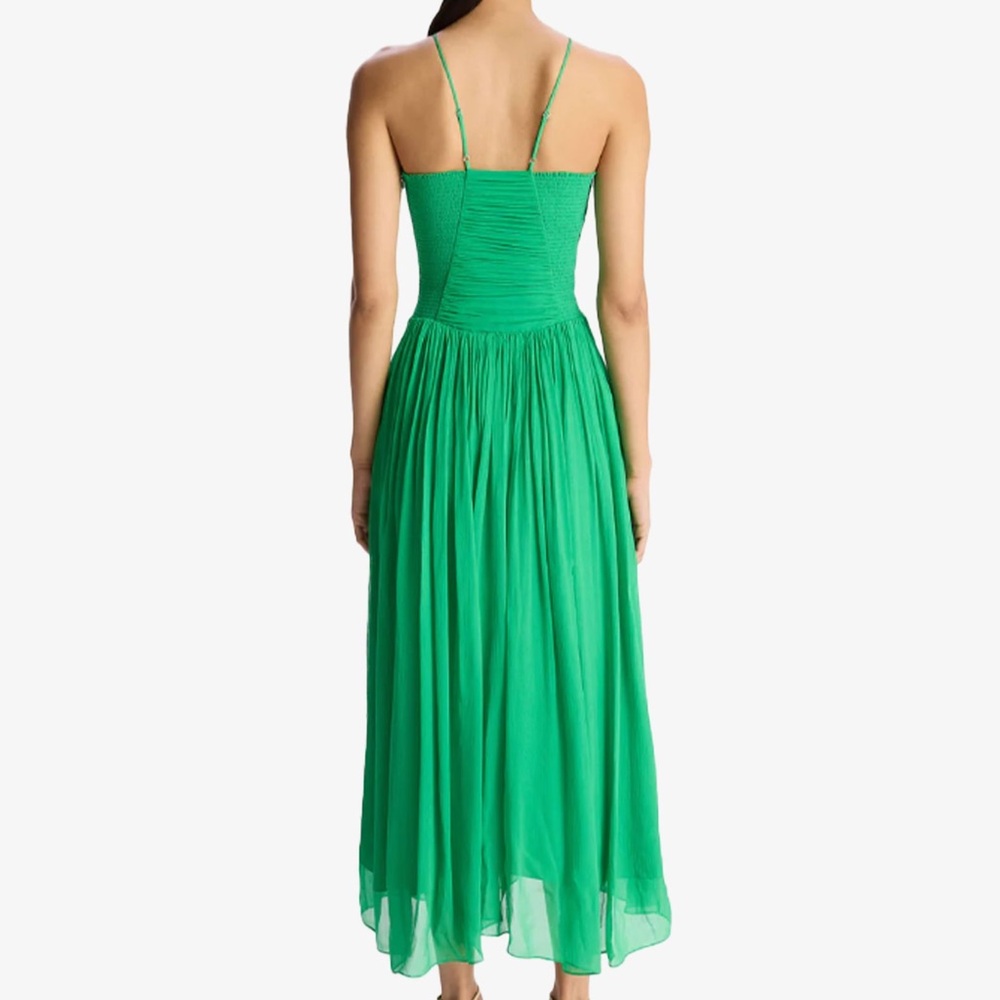 A.L.C. Rumi Dress in Green Crinkle 100% Silk Chiffon Smocked V-Neckline - Picture 2 of 9